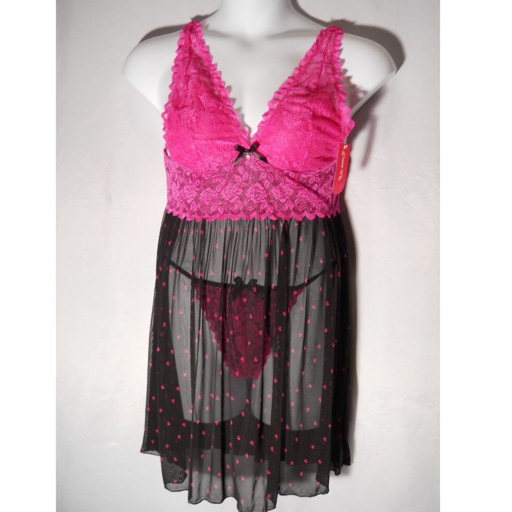 Pucker Up Ladies Babydoll Chemise Thong 2-Piece Set Pink Plus Size 2X
